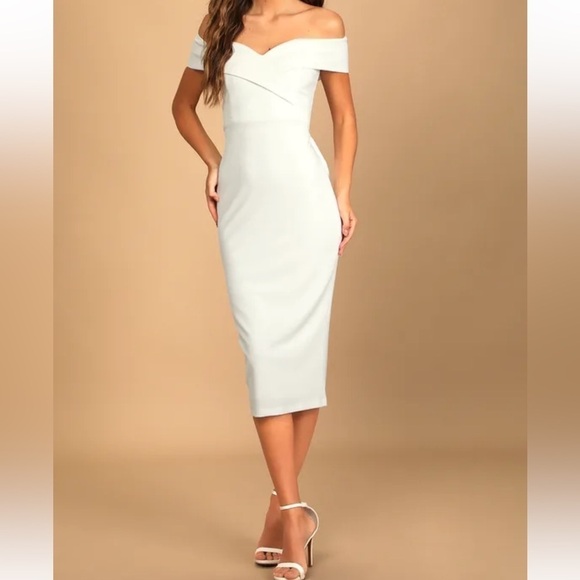 Lulus Cordially Invited White Off-the-Shoulder‎ Bow Back Midi Dress size L NWOT - Picture 1 of 11